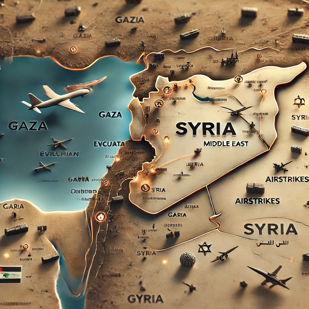 Une carte du Moyen-Orient montrant les zones de conflit à Gaza et en Syrie, accompagnée de légendes pour mieux situer les événements.
