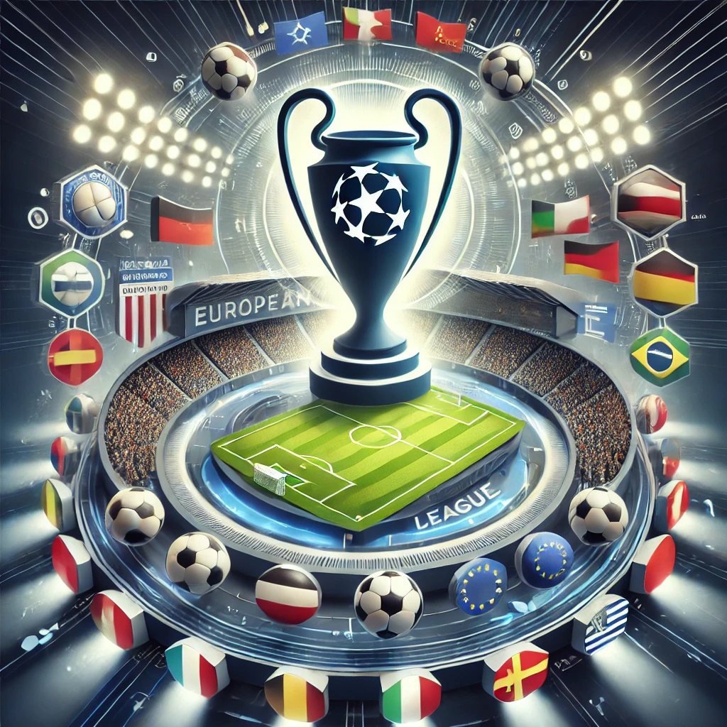 DALL·E a professional and modern illustration of a European football competition concept, featuring a dynamic football stadium filled with fans. Highlighted