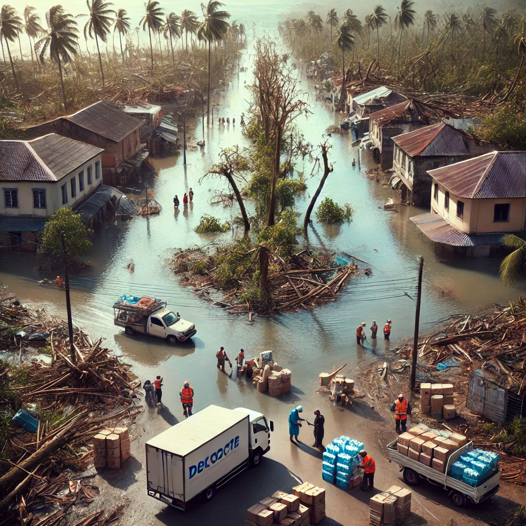Dévastations causées par le cyclone Chido à Mayotte avec infrastructures détruites et zones inondées.